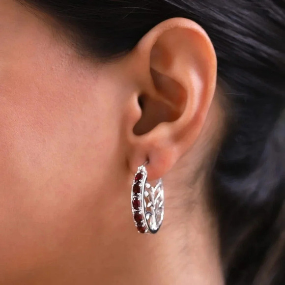Natural Anthill Garnet Hoop Earrings In 925 Sterling Silver. - Picture 3 of 6